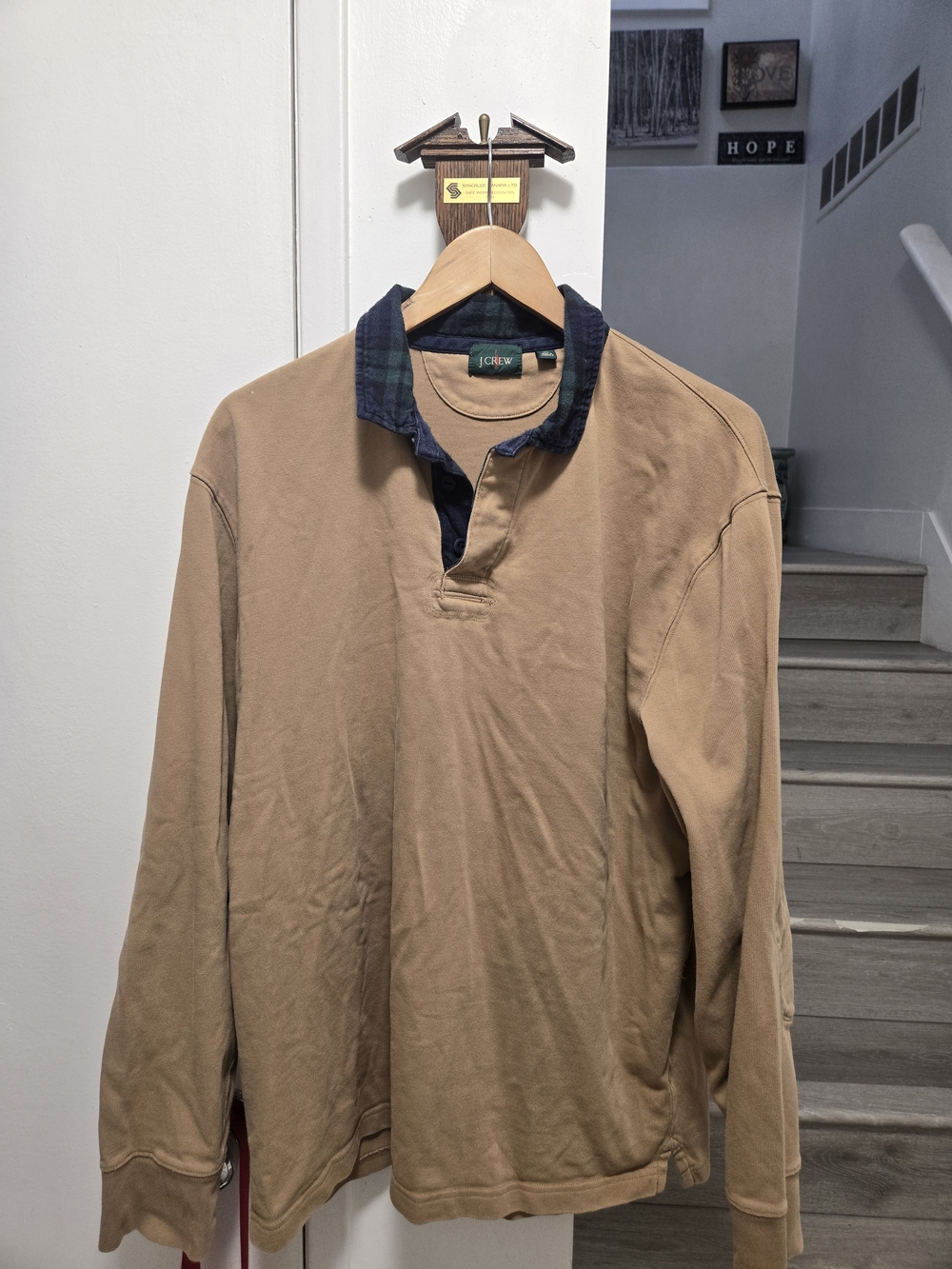 J. Crew Tan Long-Sleeve Polo with Navy Contrast Collar
